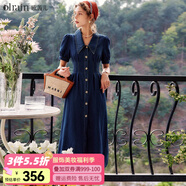 Olrain歐芮兒法式牛仔連衣裙夏季女裝收腰復(fù)古港風(fēng)開叉裙子衣服 牛仔藍(lán) XL