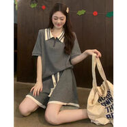 璀姍140斤微胖女裝遮肉大碼女裝胖妹妹春夏裝高端韓版妹妹顯瘦套裝夏 灰色 M 100斤內