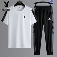 花花公子（PLAYBOY）冰絲運動(dòng)套裝男士夏季新款速干短袖T恤薄款休閑青春時(shí)尚三件套潮 1908白色束腳長(cháng)套 M 【建議90-105斤】
