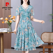 皮爾卡丹（pierre cardin）感媽媽印花連衣裙2025夏季新款小眾設(shè)計網(wǎng)紗裙 綠色 6XL (150-160斤)