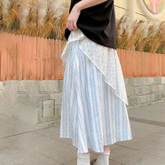 小野七天條紋雙層蕾絲拼接夏季半身裙女2025新款學(xué)生寬松小個(gè)長(cháng)裙子a字裙 藍條紋 M [100-115斤]