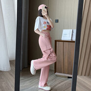 以純YISHION粉色工裝褲女春夏2024新款高腰顯瘦垂感闊腿窄版休閑美式速干運(yùn)動 粉紅色高質(zhì)量 S