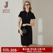 經(jīng)典故事（JANE STORY）2025年新款黑色翻領(lǐng)連衣裙女夏季收腰顯瘦拉鏈裙子短袖中長(cháng)款裙 黑色 L