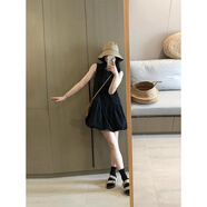 潮思匯法式白色花苞連衣裙子女夏2025新款小個子背心吊帶小眾蓬蓬裙短裙 黑色 2XL