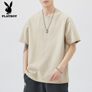花花公子短袖t恤男士夏季新款純棉美式潮牌重磅寬松圓領(lǐng)體恤內搭打底衫 HST1370卡其色 S 【建議80-95斤】