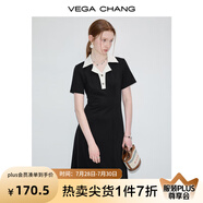 VEGA CHANG高級感連衣裙女夏季小個子撞色POLO領英倫風收腰顯瘦通勤小黑裙子 赫本黑（長款） M