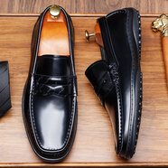 川左川右（CuzooCuyoo）豆豆鞋男士一腳蹬高端真皮牛皮懶人鞋2026年夏季新款商務(wù)休閑皮鞋 黑色 40 皮鞋碼