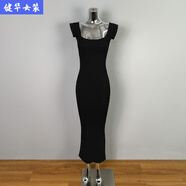 茵侈韓國(guó)秋季新款氣質(zhì)修身一字領(lǐng)露肩高腰連衣裙緊身顯胸包臀吊帶長(zhǎng)裙 黑色 均碼