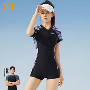 361°泳衣女大碼保守顯瘦泡溫泉游泳衣連體衣平角遮肉休閑泳裝溫泉外穿 黑色 XL （建議體重55kg-60kg）
