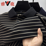 雅鹿高端黑白條紋polo衫男短袖夏季商務(wù)中年衣服t恤男翻領(lǐng)半袖男體恤 黑色 XL
