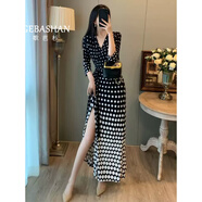 歌芭杉（GEBASHAN）品牌女裝復(fù)古波點(diǎn)連衣裙女夏季新款法式顯瘦開(kāi)叉V領(lǐng)一片式裹身裙 漸變波點(diǎn) M