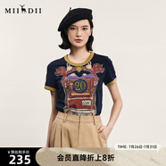 謎底圓領(lǐng)印花T恤女夏季新品復(fù)古特色撞色修身上衣242MT0585 深藍(lán) S