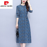 皮爾卡丹（pierre cardin）碎花長(cháng)袖連衣裙女2025春秋季新款荷葉領(lǐng)氣質(zhì)減齡遮肚中長(cháng)裙A字裙 孔雀藍 L 90-105斤