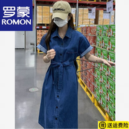 羅蒙（ROMON）港風(fēng)復古深藍牛仔連衣裙女夏季新款顯瘦中長(cháng)款寬松短袖襯衫連體裙 深藍優(yōu)·款 好面料 L 建議115-125斤
