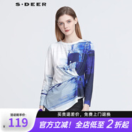 S.DEER圣迪奧女裝休閑圓領(lǐng)暈染印花不規(guī)則長(zhǎng)袖T恤S22180219 白色/90 M 165