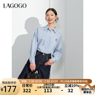 lagogo純棉藍(lán)白條紋刺繡長(zhǎng)袖襯衫女拉谷谷春秋新款清新百搭上衣 藍(lán)白(NV) M
