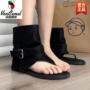 西域駱駝牛皮內(nèi)增高人字夾趾搭扣百搭涼靴女2025夏時(shí)髦褲管短筒羅馬涼鞋 黑色-超纖款-駱駝官方品牌官網(wǎng)旗 35