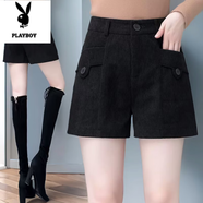 花花公子（PLAYBOY）燈芯絨小個子外搭毛呢短褲女春秋新款洋氣顯瘦配靴褲休閑外穿褲子 2266新款 【黑色-高品質】 S 建議95以下