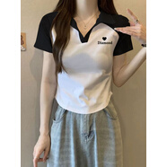 度凡尼斯女短袖上衣高級(jí)感2025新款女寬松汗衫新款純棉短袖t恤女時(shí)尚百搭 1933撞白色polo短(黑色印花) S75-90斤 均碼