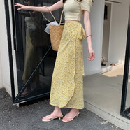 冉藝嵐同款版納跳舞碎花半身長(cháng)裙女夏波西米亞沙灘包臀裙子系帶一片式半 黃色滿(mǎn)天星 S