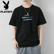 花花公子（PLAYBOY）夏天純棉短袖T恤男士大碼2025夏季寬松全棉打底衫圓領(lǐng)體恤上衣男 3040黑色 M 推薦95-110斤