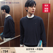 TOMMY HILFIGER【柔軟純棉】25秋冬男撞色條紋學(xué)院風(fēng)針織衫/情侶款純色毛衣 【純色繡標(biāo)毛衣】午夜藍(lán)FAP XL （推薦：165-180斤）