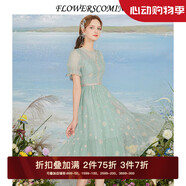 flowerscoming花兒開了2024夏季新款法式復古網(wǎng)紗刺繡連衣裙女高腰中長款公主裙 綠色 S