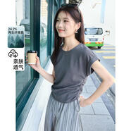 香影（xiangying）夏季新款圓領(lǐng)短袖設(shè)計(jì)感色抽繩修身顯瘦短款上衣T恤女 灰色 S