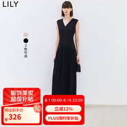 LILY夏新款女裝設(shè)計感學(xué)院風(fēng)百褶氣質(zhì)V領(lǐng)通勤長款高腰連衣裙 510黑 S