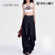 OLDER SEA深藍(lán)美式寬松闊腿牛仔褲女2025年夏季新款高腰慵懶休閑拖地直筒褲 深藍(lán)色 M 建議100-110斤