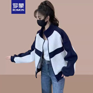 羅蒙（ROMON）拼色棒球服外套女裝2025年春秋新款寬松外套開衫小個子夾克上衣 藏青色 3XL -140-150斤拍