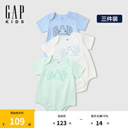 Gap【三件裝】嬰兒2025春季新款純棉小熊logo短袖連體衣兒童裝687137 澈空藍組合 66cm (3-6月)亞洲尺碼