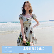 樂(lè )町蕩領(lǐng)短袖連衣裙甜辣風(fēng)玫瑰印花雪紡裙透氣垂感裙 彩色印花（現貨） M