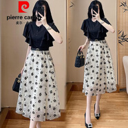 皮爾卡丹（pierre cardin）印花紗網(wǎng)裙擺拼接荷葉邊假兩件連衣裙夏季收腰設(shè)計感氣質(zhì)裙子 黑色 【關(guān)注店鋪 優(yōu)先發(fā)貨】 2XL 建議130-145斤