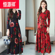 恒源祥秋季連衣裙女新款時(shí)尚女裝歐美大碼寬松長(cháng)款裙子女洋氣潮流 02花朵紅色 M