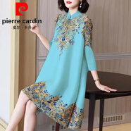 皮爾卡丹（pierre cardin）長(cháng)袖連衣裙國風(fēng)復古改良旗袍新款2026春秋季中年媽媽大碼女中長(cháng)裙 天藍色 M