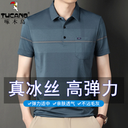 啄木鳥高品質(zhì)冰絲短袖t恤男2025夏季短袖翻領(lǐng)商務(wù)休閑衣中老年polo汗衫 藍(lán)色【冰絲薄款】 XL /52/【推薦140-160斤】