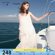 三彩2025夏季新款V領(lǐng)無袖吊帶裙蕾絲花邊連衣裙寬松女 米白色 S 155/80A