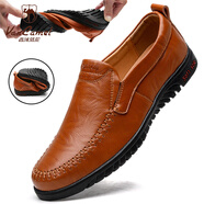 西域駱駝（VANCAMEL）春季男士透氣豆豆鞋真皮男鞋休閑皮鞋懶人鞋一腳蹬韓版套腳鞋子男 紅棕色【2852四季款】 37