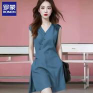 羅蒙紫色V領(lǐng)收腰無袖連衣裙女裝2025夏季小眾冷淡系大方得體A字裙 藍(lán)色連衣裙 M 【建議80-105斤】