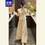 羅蒙（ROMON）2025火夏裝一整套大方得體姐系貴感感新中式國(guó)風(fēng)盤扣套裝褲 杏色短袖上衣+褲子 M 【100-115斤】