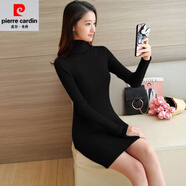 皮爾卡丹（pierre cardin）秋冬新款中長款加厚毛衣套頭針織連衣裙女長袖修身打底衫包臀裙 高領(lǐng)黑色 8811包芯紗 S