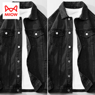 貓人（MiiOW）牛仔外套男寬松春秋季美式復(fù)古潮牌夾克男加絨上衣服百搭韓版冬款 黑色+黑色 M