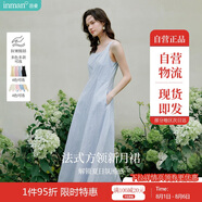 茵曼（INMAN）法式收腰顯瘦方領(lǐng)吊帶連衣裙女裝2025夏季新品長裙子 藍(lán)色 M
