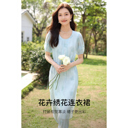 尚都比拉（Sentubila）連衣裙女夏季花卉繡花優(yōu)雅度假圓領(lǐng)收腰顯瘦泡泡短袖裙子 淺灰藍 L