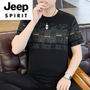 JEEP SPIRIT高端品牌短袖T恤冰絲男夏季2025新款t恤時尚潮流涼感速干百搭體恤 黑色 M 適合90-115斤