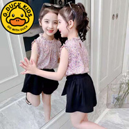 G.duck童裝女童套裝中大童夏裝小女孩夏季雪紡襯衫短袖短褲兩件套3-10歲 粉色上衣+黑色褲子 120 建議身高110左右3-10歲