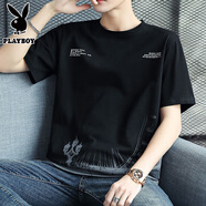花花公子（PLAYBOY）純棉短袖t恤男士2025新款半袖體恤衫寬松潮流夏季男裝上衣服 Z826黑色 4XL 【建議173-200斤】