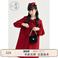 紫涵小A型方領(lǐng)毛呢大衣女冬季學(xué)院風(fēng)門襟手打蝴蝶結(jié)外套 復(fù)古紅 M