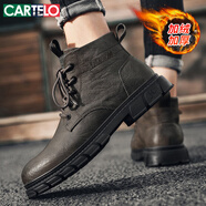卡帝樂鱷魚（CARTELO）馬丁靴男英倫冬季復(fù)古工裝靴男士高幫皮靴子男 咖啡色加絨 41